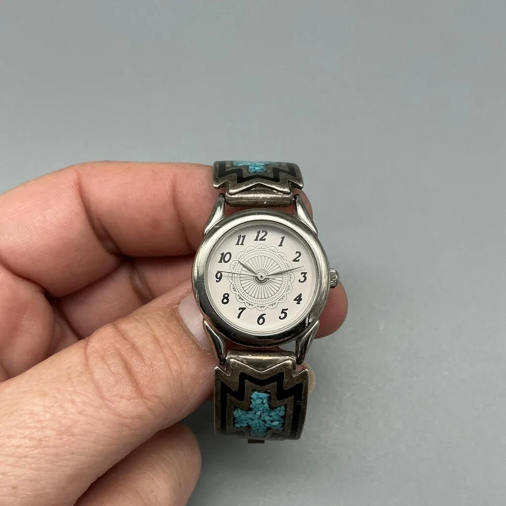 Southwest Womens Watch 23mm Signed Sterling Turquoise Watch Tips New Battery